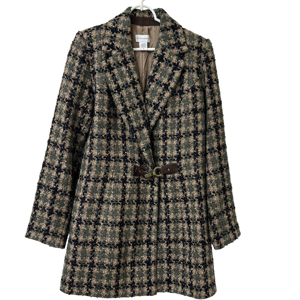 Soft Surroundings Womens Sz Medium Tan Green Tweed Yorkshire Jacket Wool Buckle